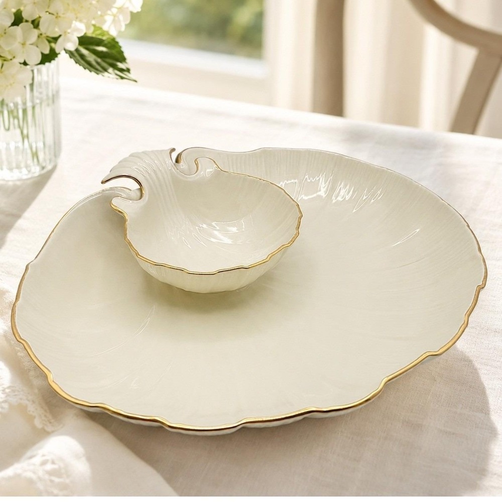 Vintage Lenox Aegean Seashell Ivory & Gold Appetizer Server Chip Dip Bowlr 12"